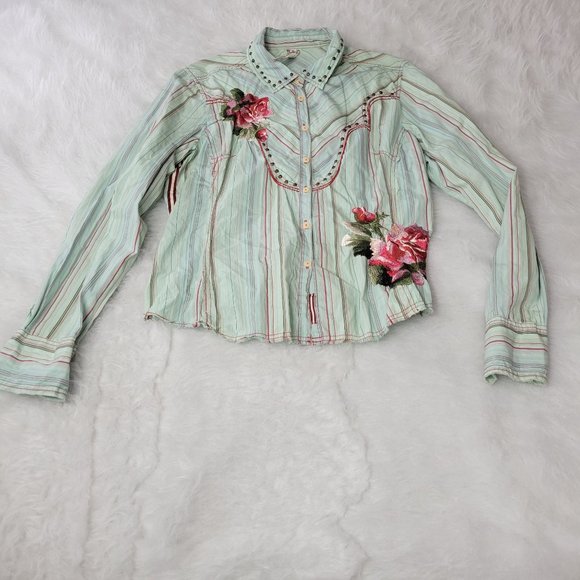 Johnny Was Green Striped Floral Embroidered Long Sleeve Button Down Shirt XL - Picture 3 of 12